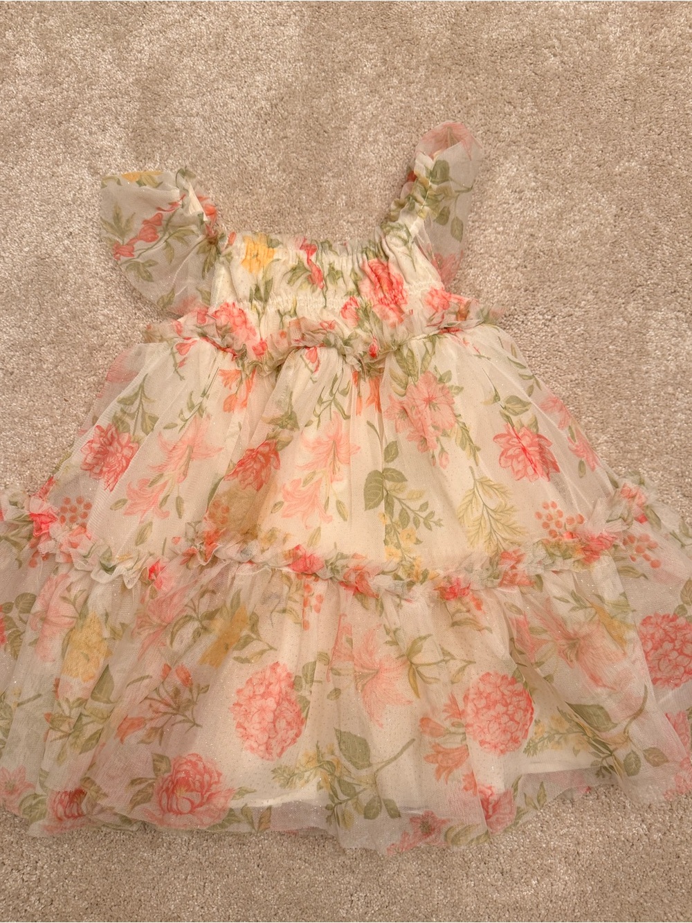 Rachel Zoe Cream Floral Ruffled Baby Dress with Pink & Green Accents